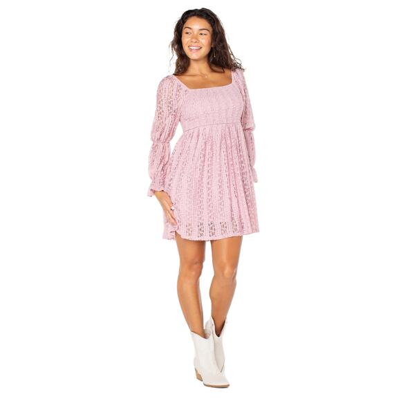 Celebrity Pink Women's Long Sleeve ruffled Lace Mini Dress square Neck Mauve XS - Picture 1 of 5